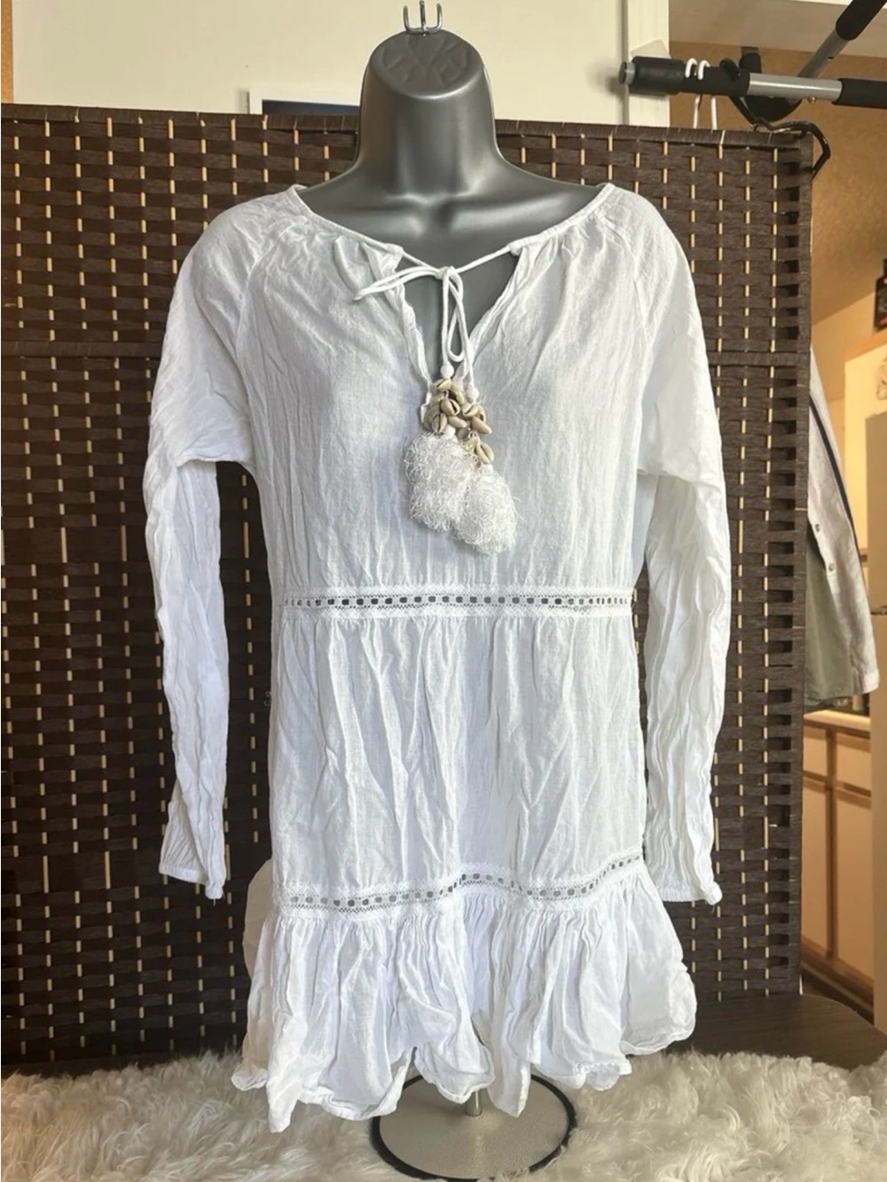 White Boho Tassel Tunic Dress